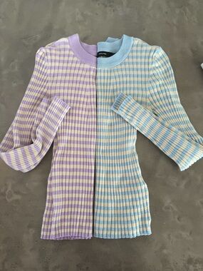 Striped Rib Knit Sweater - Lavender & Baby Blue